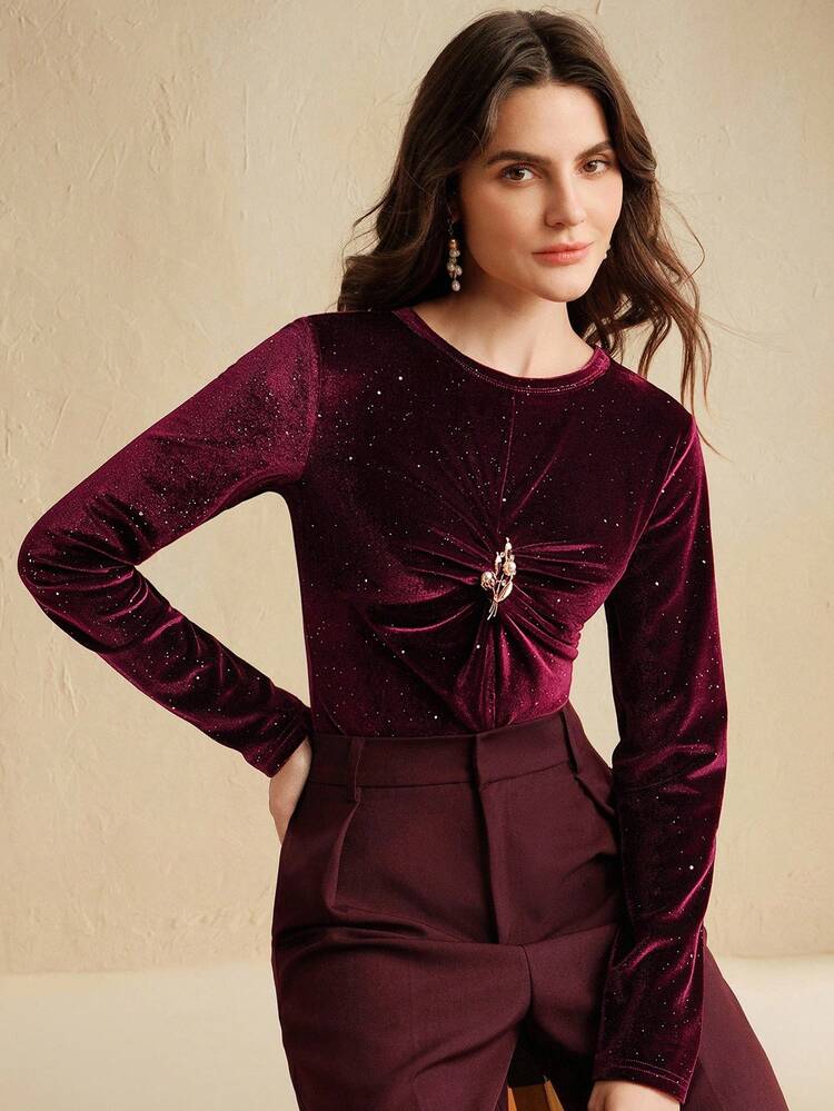 여성용 벨벳 격자 무늬 스팽글 플로럴 브로치 트위스트 니트 탑, 가을, 가을, 겨울, 외출, 포멀, 파티, 시크, 새해, 크리스마스, 직장, 졸업, 결혼식을 위한 우아한 피트 스웨터