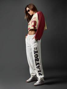 Missguided x Playboy 校园风长袖短款圆领棒球插肩袖休闲街头风做旧数字标志时尚运动衫秋冬 - 酒紅色 - 查看 5