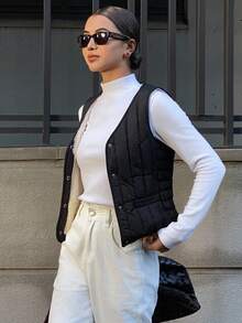 DAZY V-Neck Sleeveless Jacket Vest, Padded & Thickened, Women Padded Coat For Autumn/Winter Fleece Lined - Black - View 3