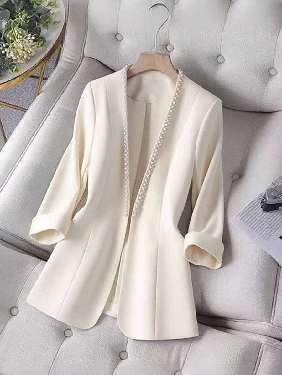 Franclia 女士优雅开衫，仿珍珠饰边，长袖前开襟 - 杏色 - 查看 1