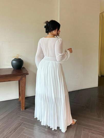 Vibekara 浪漫 V 领露背长袖飘逸长裙，优雅希腊风格白色女神礼服