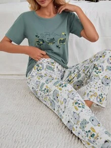 EURMUSE 2Pcs Cotton Cute Animals Printed Shirt And Animals Printed Sleep Bottom Homewear PJ Set - Green - View 4
