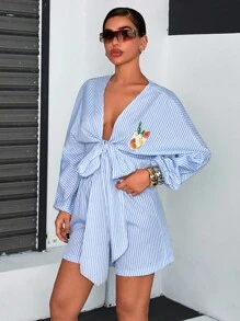 SHEIN Cottnline Women Striped And Embroidery Detailed Two Pieces Outfits Tops And Short Sets Women Summer Clothing Women Summer Clothes Women Summer Sets Women's Clothes - Blue and White - View 7