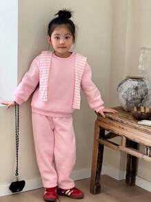 SHEIN 3pcs/Set Young Girl Light Pink Sweatshirt,Matching Pants & Striped Shawl,Back-To-School Summer Career Day Cute Round Neck Long Sleeve Outfits - Pink - View 5