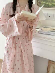 1 件 Ditsy 花卉 V 领甜美风格睡袍，春秋格子印花长袖浴袍，高端家居服适合日常居家、度假、户外、酒店，是洗完澡后回到学校居家和度假的理想选择 - 彩色 - 查看 10