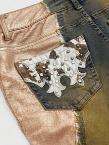 ROMWE EDITION Jeans courts évasés pour femmes à taille basse vintage avec imprimé animal patchwork, franges et laçage en PU, style Shibuya Y2K - Bleu azur - Voir 4