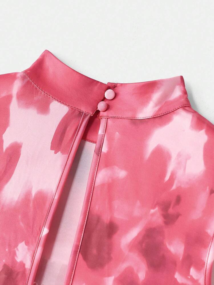 Figurbetontes ärmelloses Midikleid mit abstraktem pinkem Blumen Muster, Raffdetail, Abendkleid für Dates, Ausgehkleid, Herbstkleid für Herbst und Winter