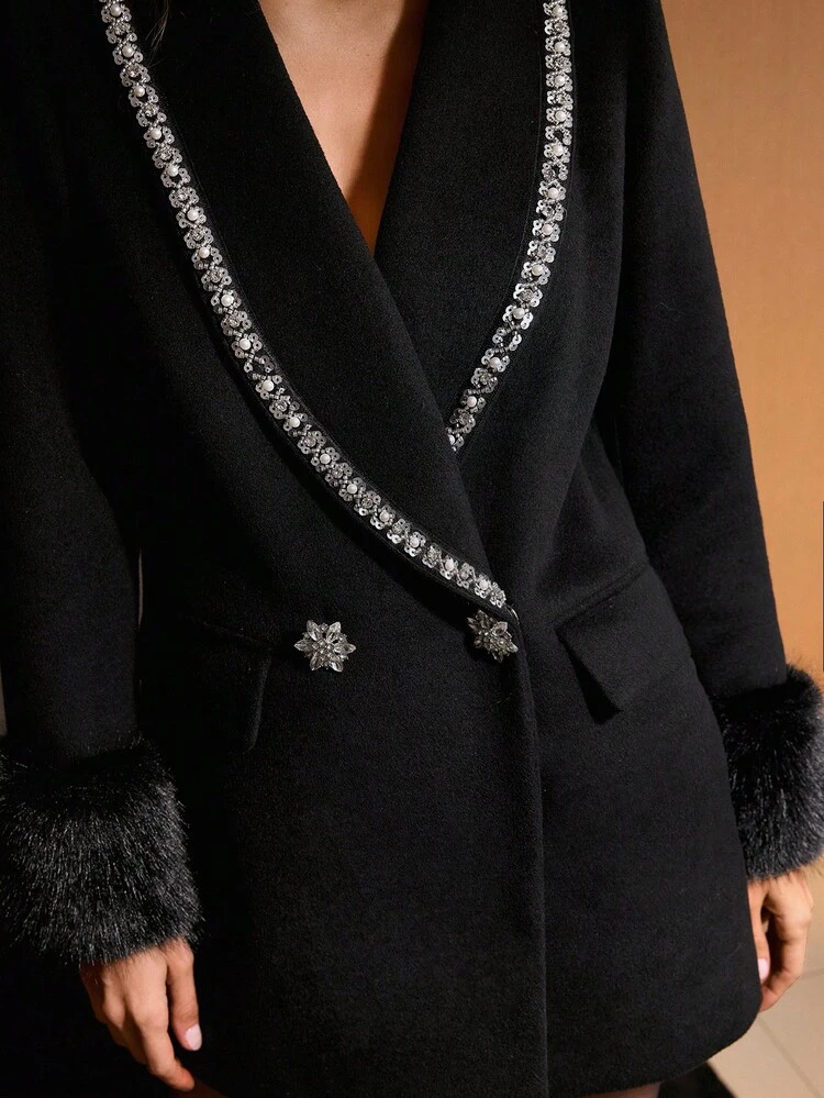 WOOL RHINESTONE TRIM OVERCOAT
