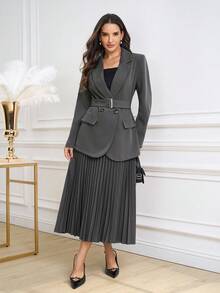 Ellevyn Bộ vest blazer thanh lịch và chân váy xếp ly cho nữ, phù hợp cho việc đi lại hàng ngày, hoạt động ngoài trời và nhiều dịp khác nhau, mùa thu - Xám - Xem 6