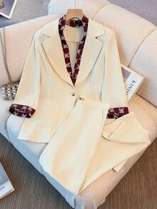 Franclia 2 件套优雅印花撞色 3/4 袖西装外套和裤子白色套装，适合秋冬季 - 杏色 - 查看 1