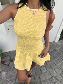 Sunnyshic Blue Plaid Tie-Waist High Elasticity Fitted Vacation Sweet Sleeveless Mini Dress, Spring/Summer