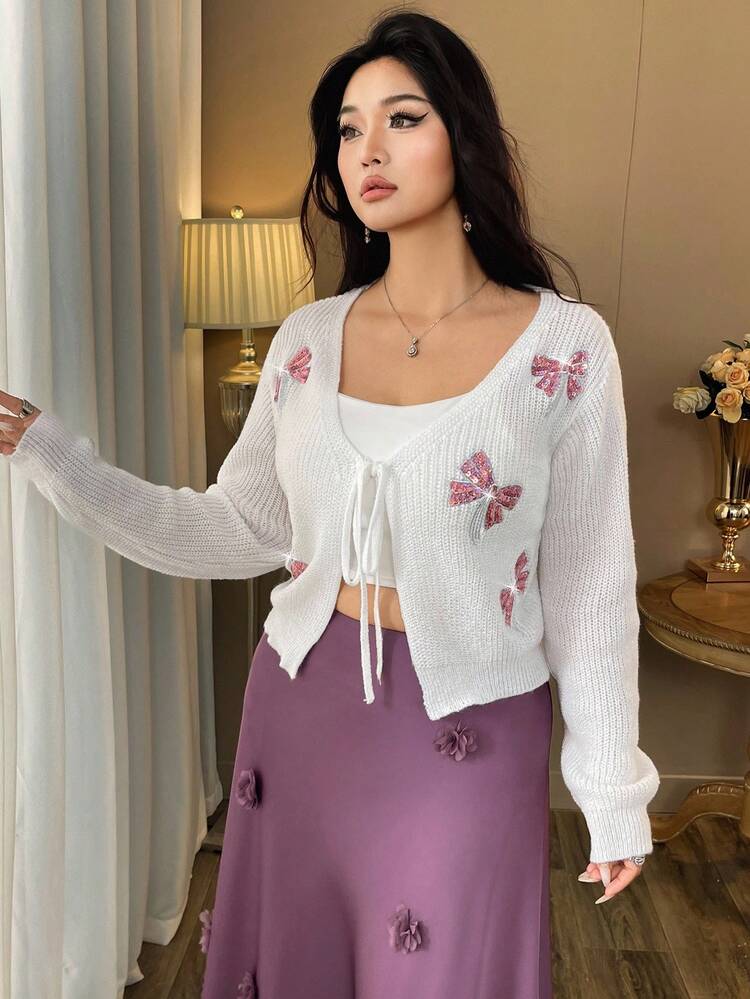 Auvina Women's V-Neck Tie Beaded Bow Casual Knit Cardigan Winter Fall Autumn - White - View 6