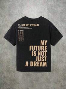 SHEIN Tween Boy 休闲街头大字母图案圆领短袖T恤，适合通勤、上学、日常休闲装、运动、春夏季