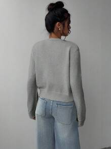 SHEIN BASICS 女款休閒純色圓領寬鬆短版長袖開襟針織外套，冬季外套 - 灰色 - 查看 3
