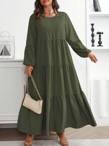 Vionelle 大码女式春夏纯色圆领灯笼袖荷叶边下摆宽松休闲连衣裙长款女装 - 軍綠色 - 查看 1