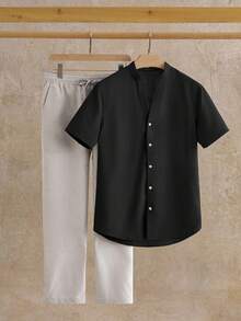 HIMLAND 2 件男士休闲修身 V 领短袖衬衫和裤子套装，Old Money - 彩色 - 查看 3