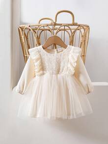 SHEIN 女婴提花荷叶边下摆多层薄纱长袖连衣裙，秋冬