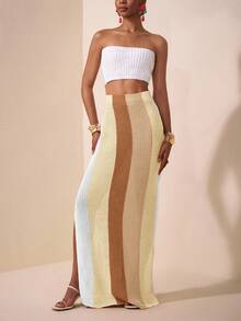 Zivah 2025新款夏季休闲度假日常约会沙滩装欧美街头风辣妹性感抹胸露脐修身针织白背心+长款半身包臀裙橘色卡其色酒红色白条纹毛呢长裙女士毛衣两件套女2件套夏装秋冬 - 彩色 - 查看 3