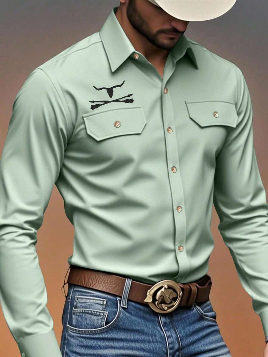 Manfinity Nomadique 男士西部牛仔风格长袖衬衫，秋季 - 薄荷綠 - 查看 1