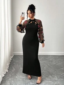 SHEIN Elenzya Elegant Fashion Party Stand Collar Mesh Patchwork Long Sleeve Fitted Waist Plus Size Women Dress Fall Cloth For Women - Black - View 1