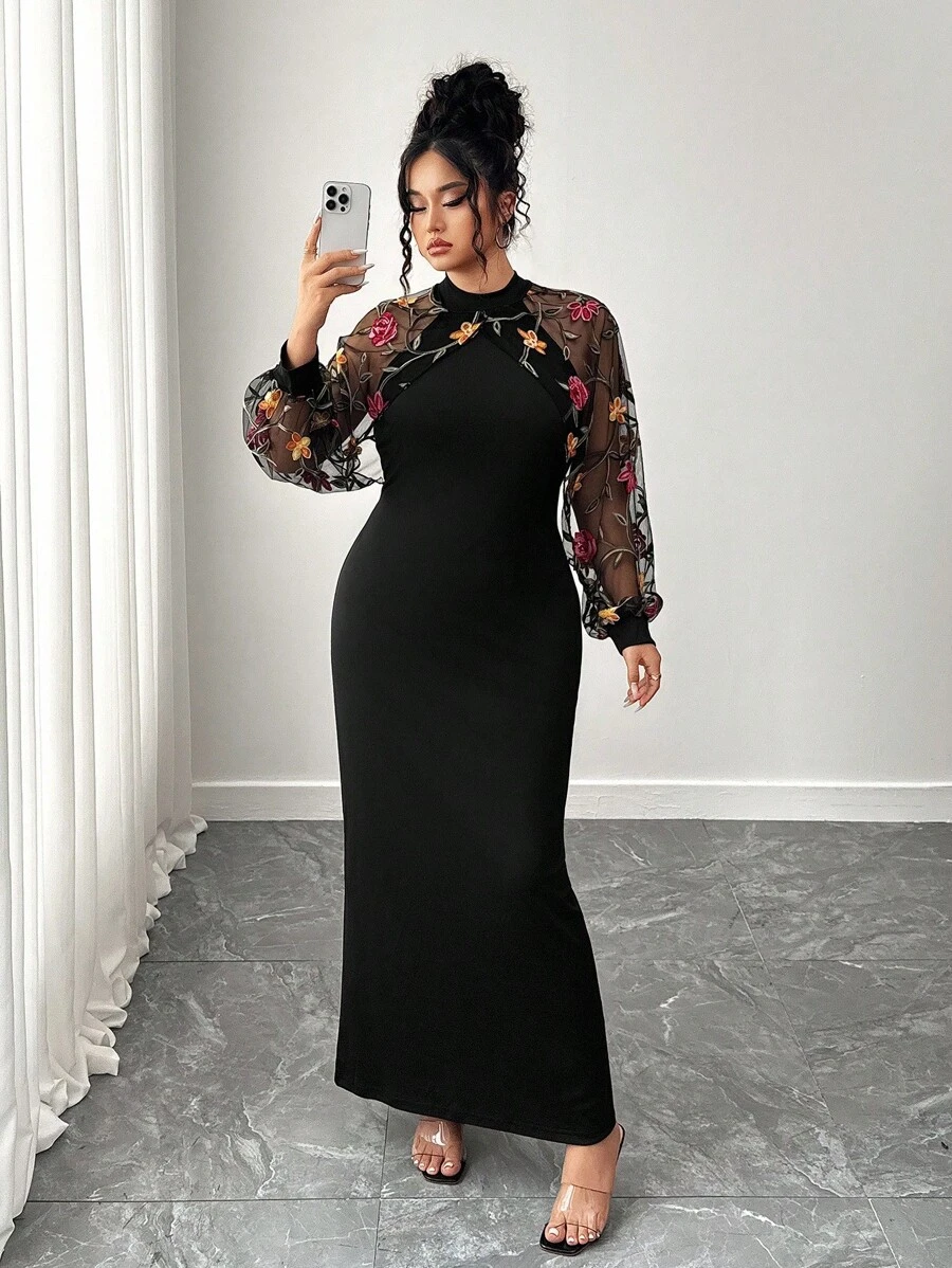SHEIN Elenzya Elegant Fashion Party Stand Collar Mesh Patchwork Long Sleeve Fitted Waist Plus Size Women Dress Fall Cloth For Women - Black - View 1