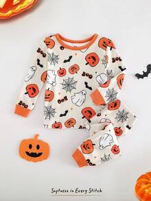 Cozy Pixies 男婴万圣节南瓜和蝙蝠印花舒适睡衣套装，柔软针织圆领长袖上衣和松紧腰长裤 - 橘色 - 查看 5
