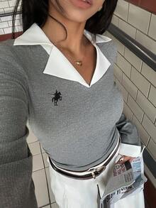 INAWLY 大码女式休闲修身长袖上衣，适合日常穿着 - 灰色 - 查看 8
