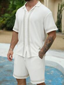 ResortEase Herren Sommer Lässig Patchwork Gurtband Kurzarm Hemd und Shorts Set - Verschiedenfarbig - Übersicht 5