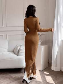 Feyla 1 件女士纯色圆领长袖修身流苏下摆连衣裙，简约设计长款晚礼服 - 咖啡棕 - 查看 6