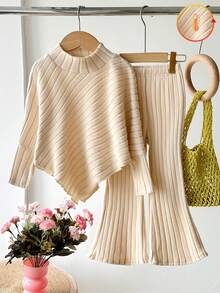 SHEIN Explorewe 年轻女孩休闲 T 恤套装，不对称设计高领针织羊毛面料纯色米色长袖 T 恤上衣搭配米色休闲喇叭裤，2 件套适合春季、秋季、冬季、返校、优雅女士日常穿着、郊游、旅行、派对 - 米色 - 查看 3