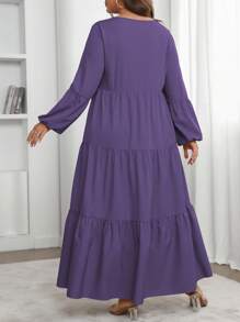 Vionelle 大码女式春夏纯色圆领灯笼袖荷叶边下摆宽松休闲连衣裙长款女装 - 紫色 - 查看 2