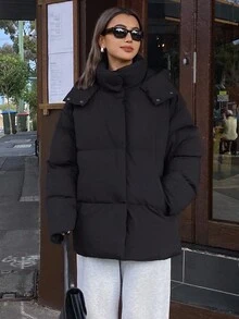 DAZY Jaket Wanita Model Fleece Tebal Longgar Warna Polos dengan Tudung untuk Musim Gugur/Musim Dingin - Hitam - View 10