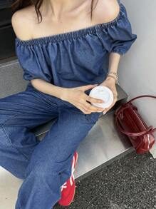 SHEIN EZwear 女式秋季复古牛仔蓝色露肩上衣和裤子牛仔套装，秋季女装，外出服，老钱 - 中等水洗藍 - 查看 1