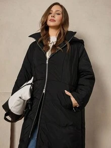 Zelara 大码纯色拉链连帽保暖羽绒服，秋冬季商务休闲工作秋季教师款 - 黑色 - 查看 2