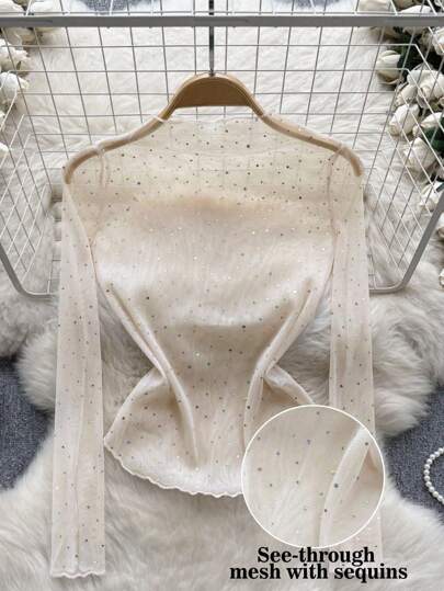 GlowEve Women's Sheer Sequin Mesh Stand Collar Long Sleeve Top Fall Cloth For Women