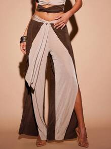 Hauture Color Block Tie Front Wide Leg Pants - Multicolor - View 2