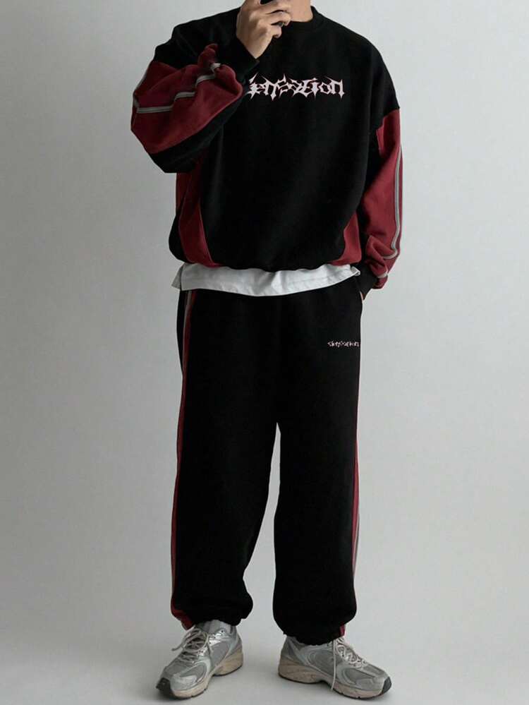 Men's Autumn Patchwork Contrast Color Abstract Letter Print Street Style Decorative Line Design Pullover Sweatshirt & Pants Set