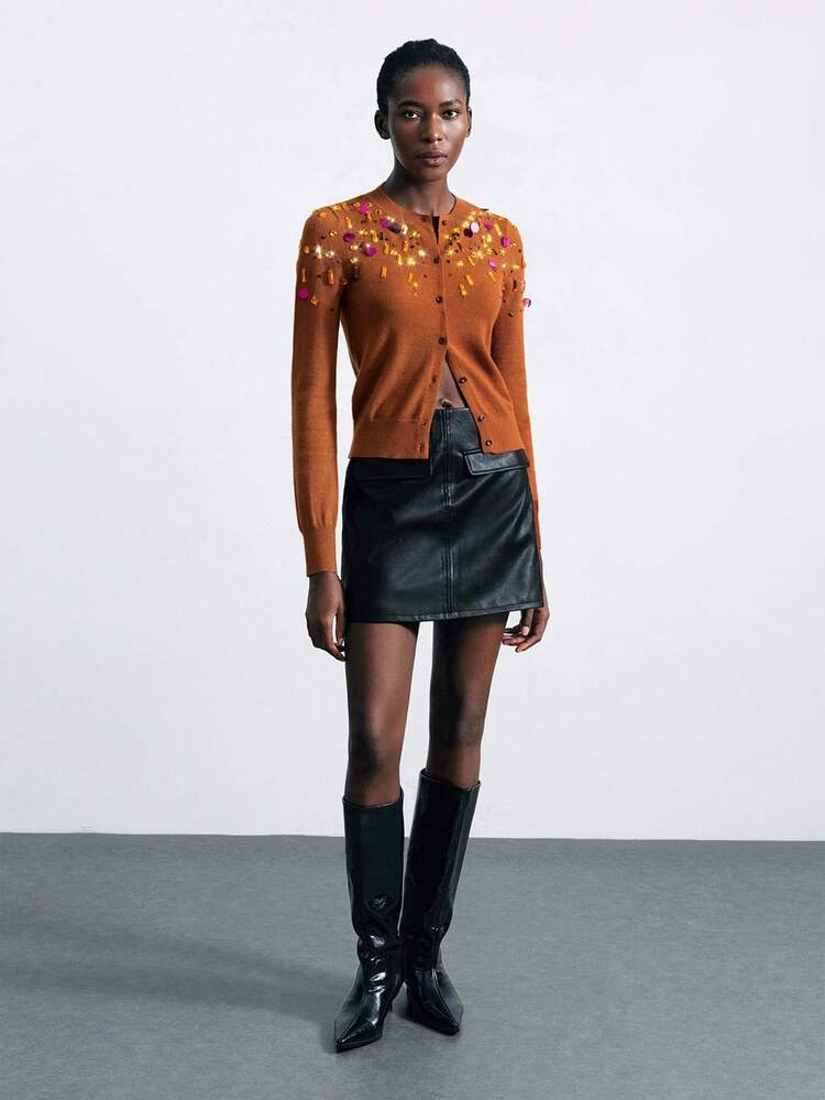 SHEIN Maija 2025 Handmade Sequin Design Women Cardigan Halloween Orange Sweater Burnt Orange Top Rust Brown Top Brown Sweater Brown Long Sleeve Top Halloween Sweater Christmas Business Casual Woman Winter Coat Fall Outfits Fall Sweaters Cardigans,