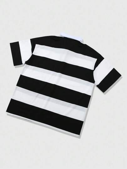 Prep Men's Polo Shirt, Striped Pattern Print Short Sleeve Polo Shirt, Sports College Style