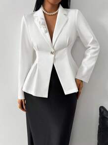 Modelyn Women's Solid Color 3D Floral Decor Long Sleeve Waist Fitted Elegant Blazer Fall Cloth For Women - White - View 3