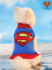 SUPERMAN X PETSIN 1pc Knitted Jacquard Warm & Comfortable Pet Sweater, Universal For Cats & Dogs, High Collar Vest Sweater