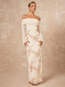 Lumalex 女士 3D 刺绣网眼拼布露肩喇叭袖直筒长款连衣裙 - 杏色 - 查看 5