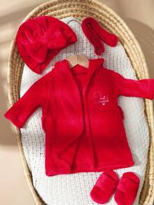 SHEIN Roupão para fotografia de recém-nascidos com turbante combinando, chapéu e mini chinelos, roupas para ensaio fotográfico infantil, bordados com amor, acessórios para recém-nascidos - Vermelho - Ver 5