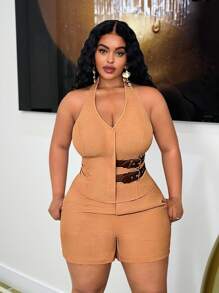 Slaydiva Veslaya Plus Size Women Halter Neck Low-Cut Vest & Shorts 2pcs Suit,Black And White,Summer,Classy,Night Out Club Two Piece Matching Curvy Outfit Set - Khaki - View 3