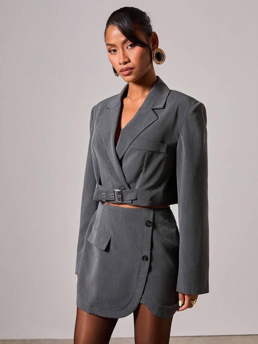 COSMINA 2pcs Women's Casual Long Sleeve Cropped Top And Mini Skirt Suit Set In Fall/Winter - Dark Grey - View 1