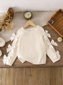 LMoss Kids LMoss Young Girl Solid Color Round Neck Bow Decor Casual Sweater, Fall Sweaters, Young Girl Fall Clothes Stitich Winter - White - View 8