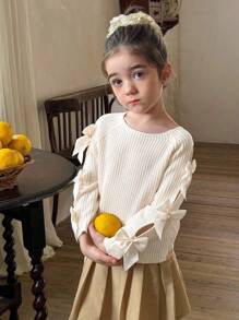 LMoss Kids LMoss Young Girl Solid Color Round Neck Bow Decor Casual Sweater, Fall Sweaters, Young Girl Fall Clothes Stitich Winter - White - View 9
