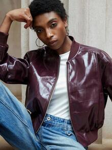 Aveloria Modichic 女式闪亮短款 PU 皮夹克，罗纹领、下摆和袖口，斜插口袋，衬里，多功能 - 紫色 - 查看 3