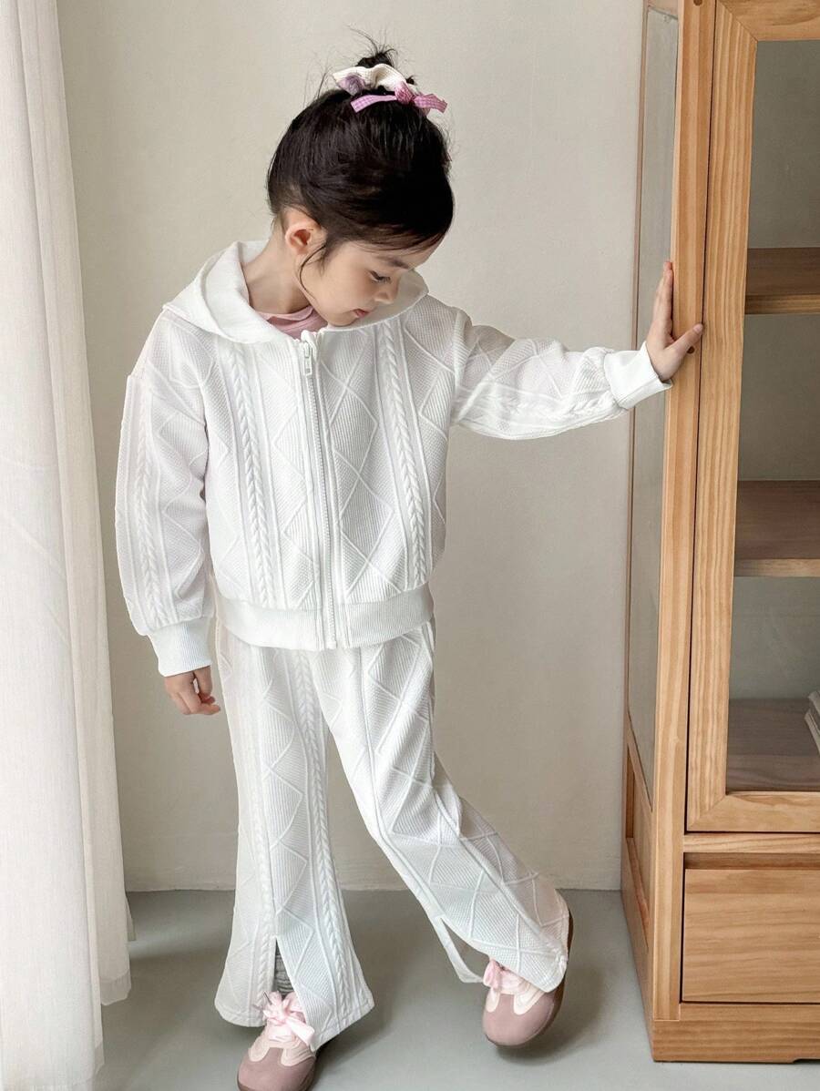 Genkimix Kids 两件套女童长袖连帽外套和宽松长裤套装，质感面料，适合秋季穿着，白色休闲返校日常穿着，秋冬季时尚百搭。 - 白色 - 查看 1