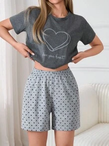 100%纯棉爱心与标语图案短袖T恤和短裤睡衣套装 - 灰色 - 查看 6